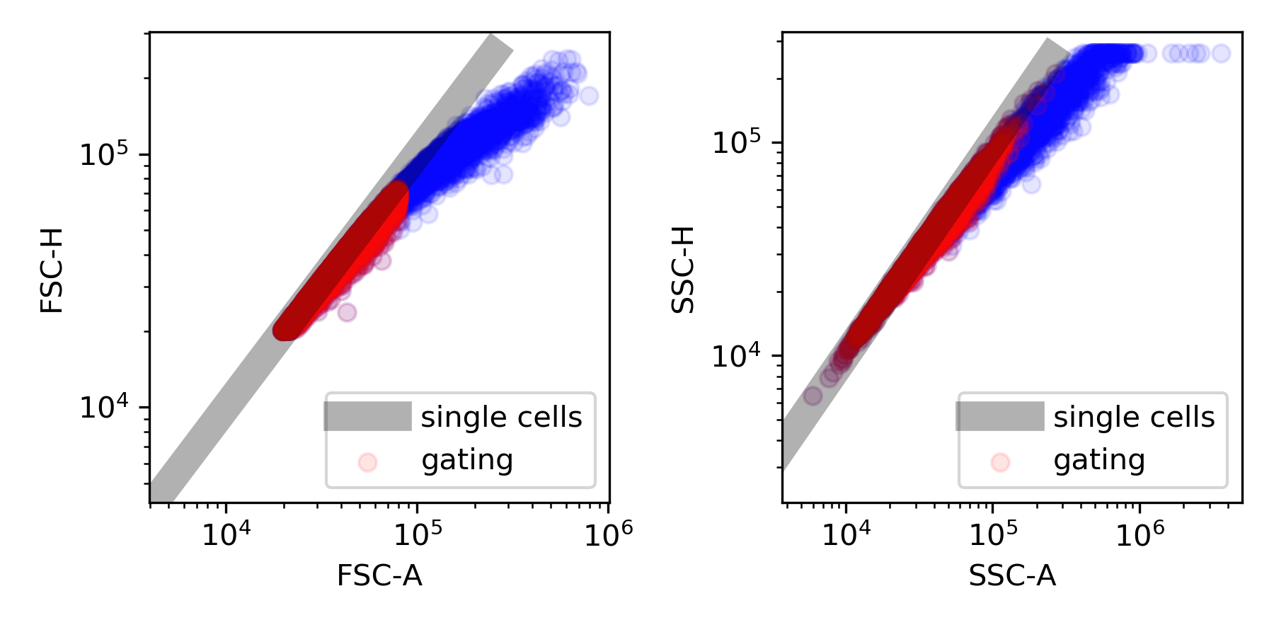Strain ywkd024, the red color indicates the gate, that fall inside the diagonal, to ensure single cells