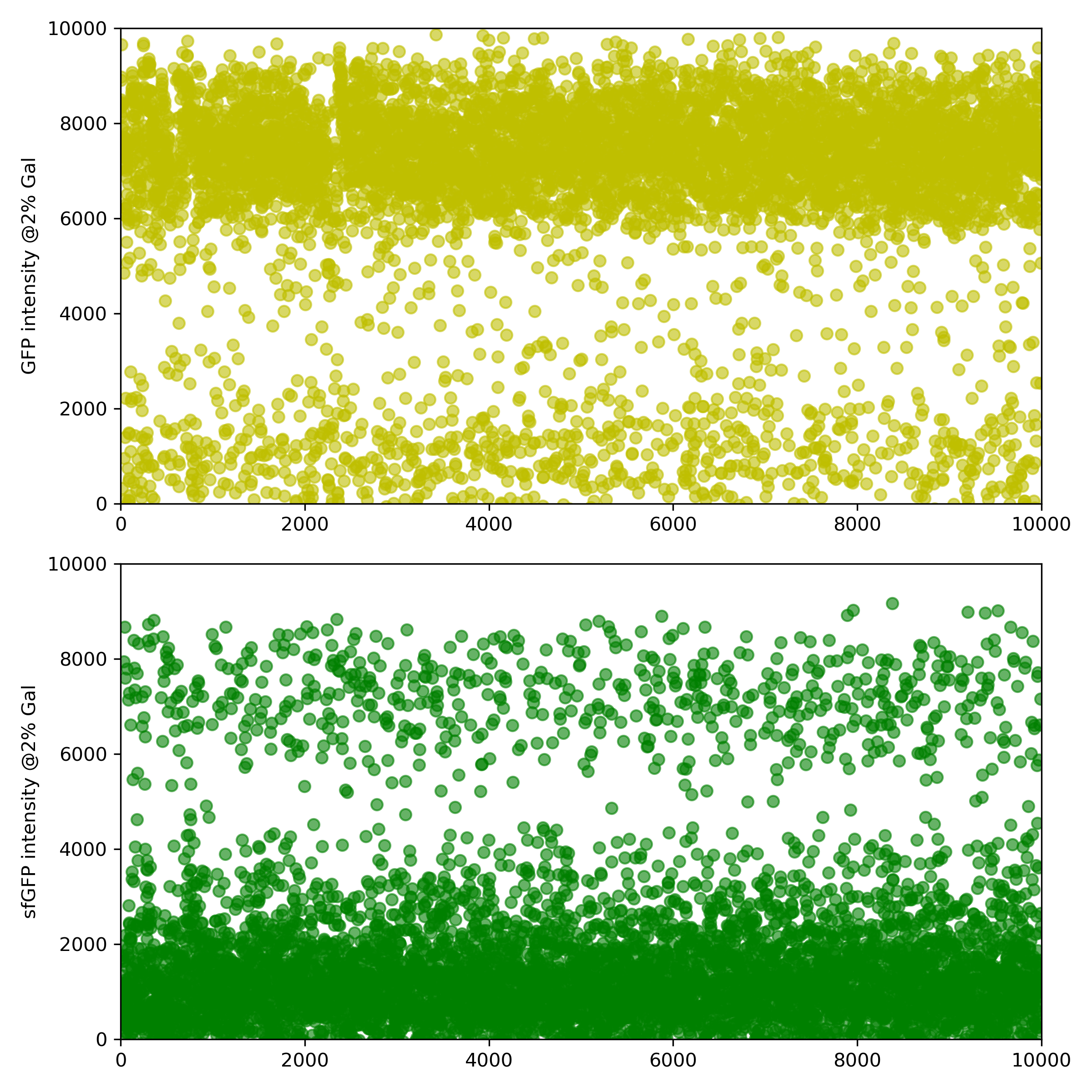 Decoupled visualization of the same dataset of @fig:correlation-fluorophuores